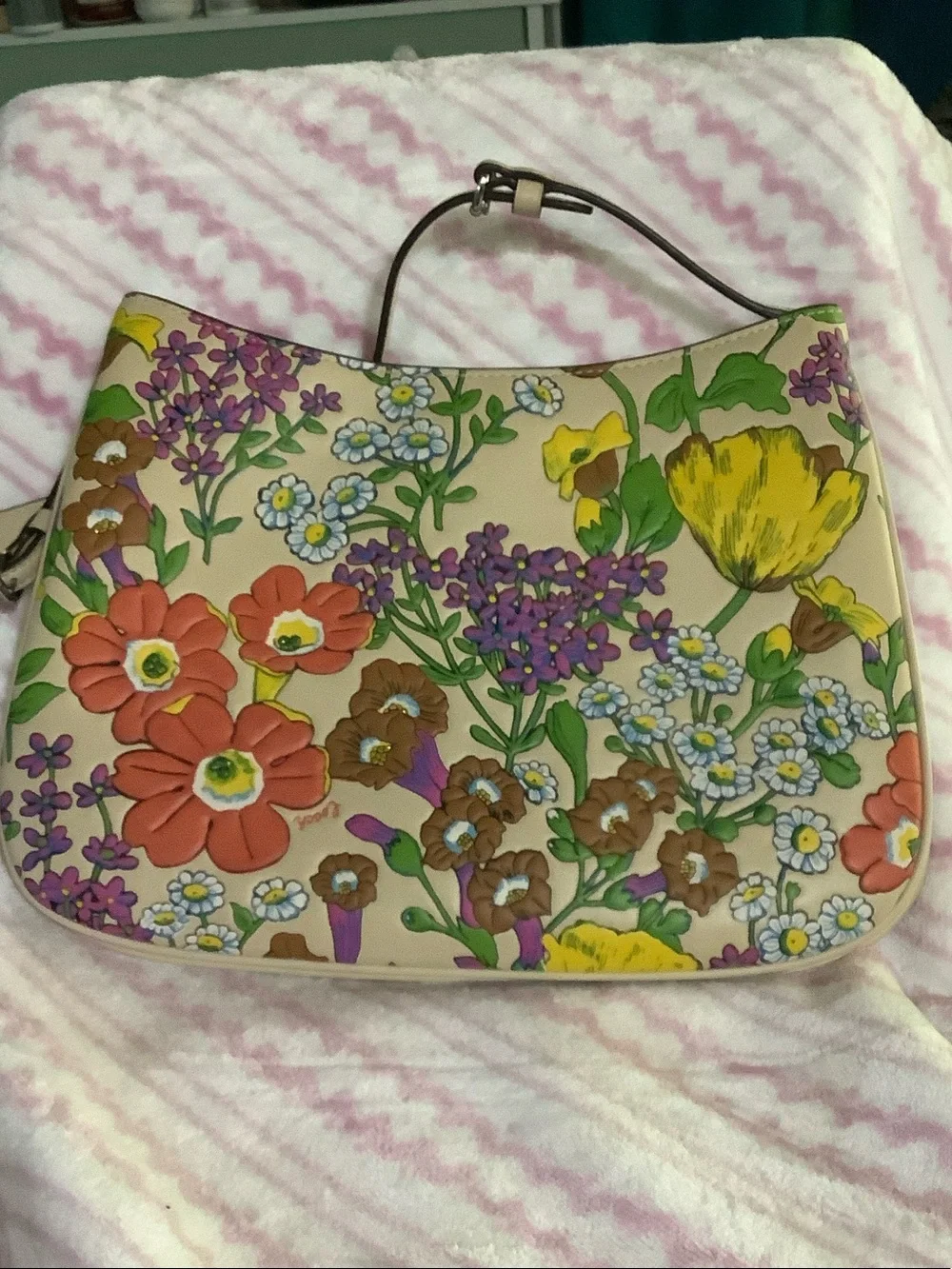 COACH Beige Floral Shoulder Bag with Orange, Purple & Green Accents - Picture 2 of 7
